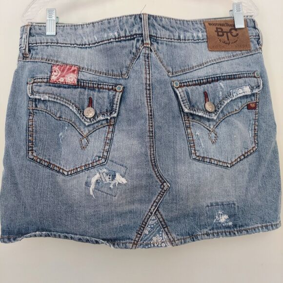 Bootheel Trading Co Jean Skirt Mini Size 12 Patch Distressed Embellished - Picture 6 of 11